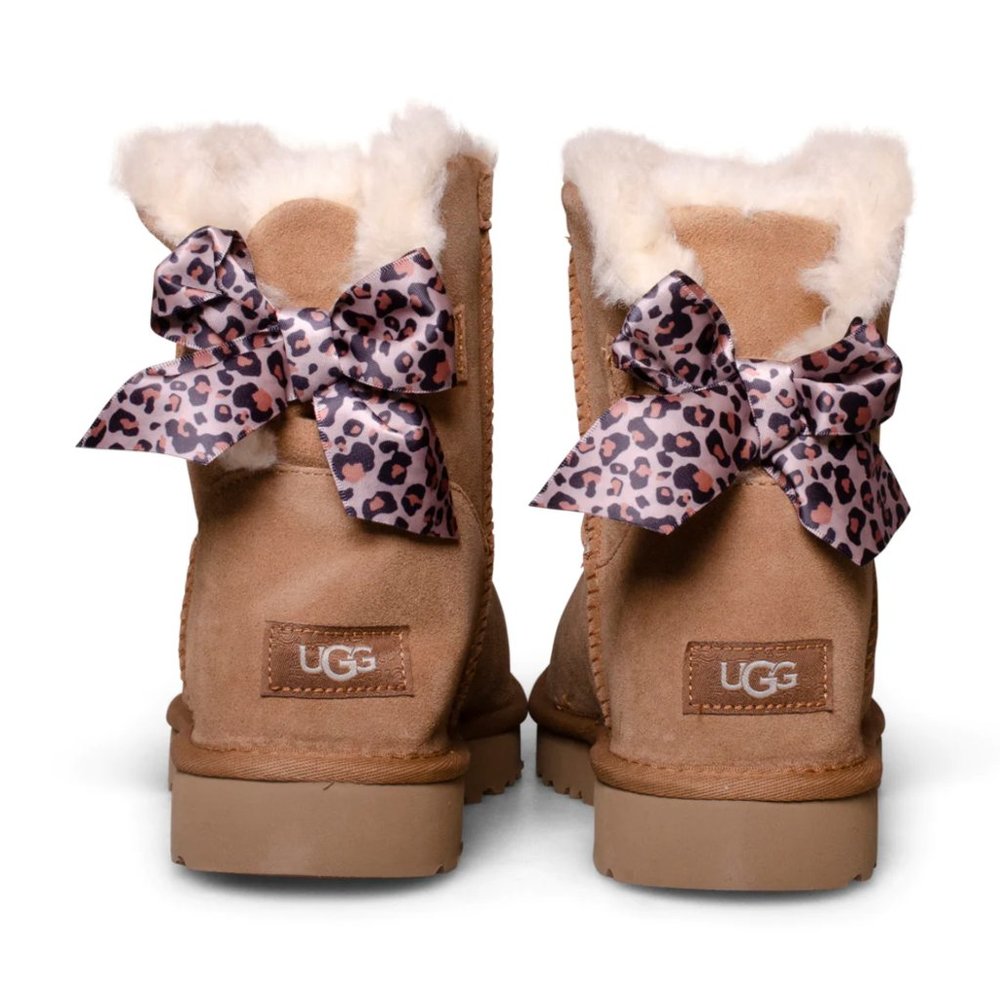 UGG MINI BAILEY BOW LEOPARD CHESTNUT BOOTS WOMEN'S Size 11/42 NEW in Box